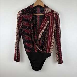 Parisian Womens Red‎ Paisley Bodysuit Size US 4 Long Sleeve Collared Top Boho